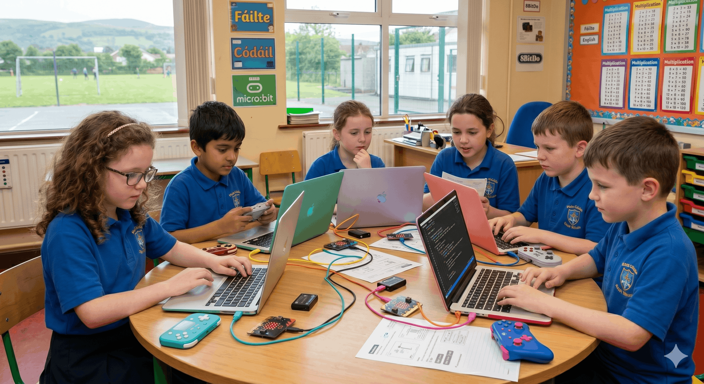 Primary school students coding with Micro:bits, laptops and controllers